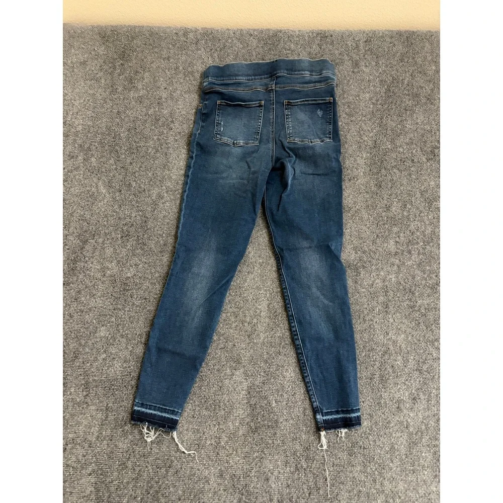 Spanx Jean-ish Ankle Leggings Medium Indigo Distressed Raw Hem Pull On Denim